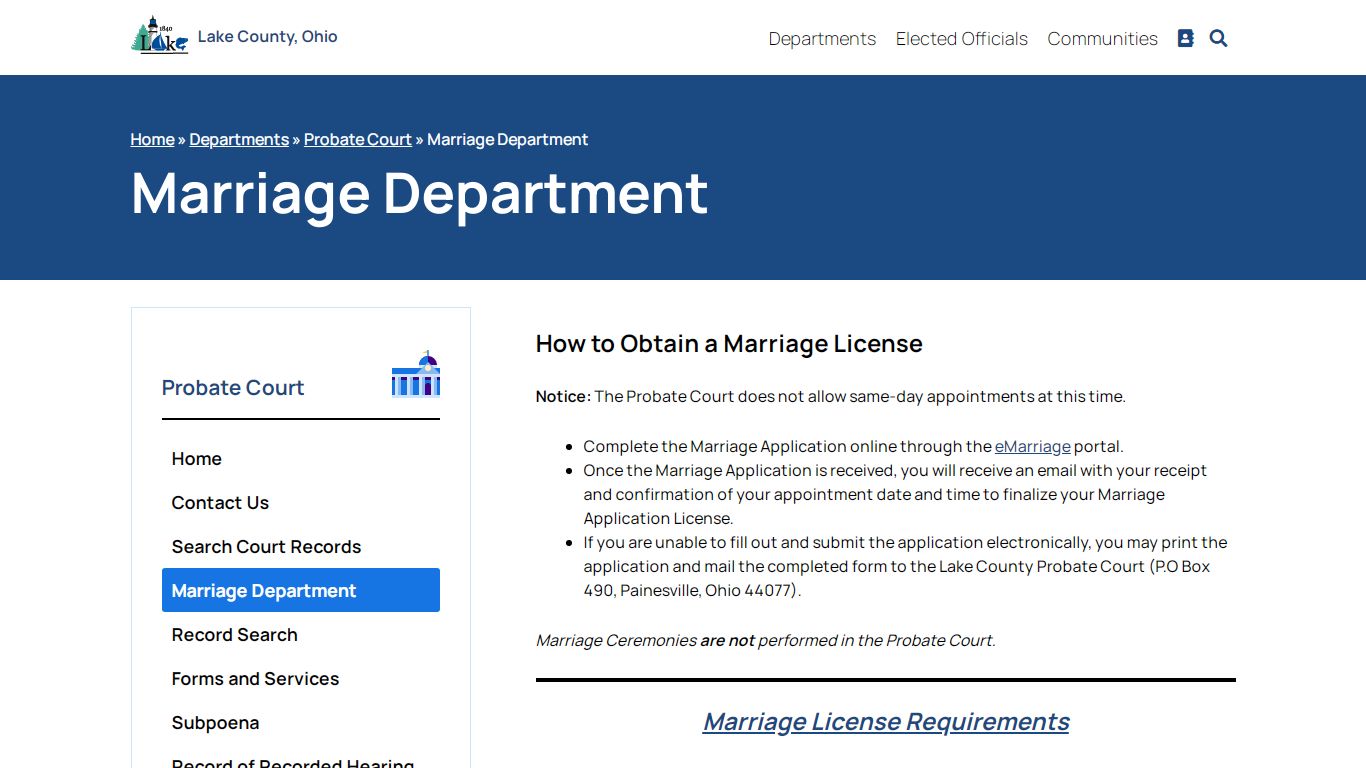 Marriage Department – Probate Court - Lake County, Ohio