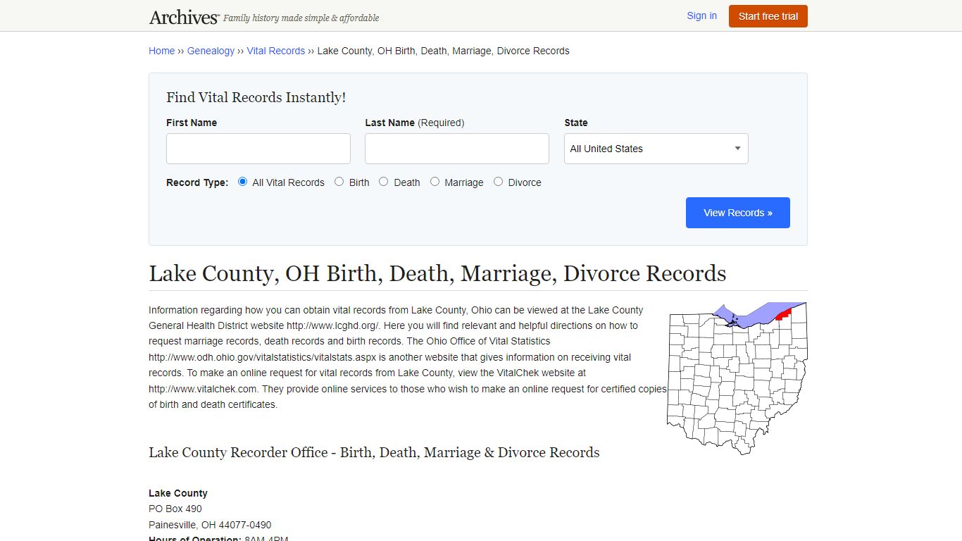Lake County, OH Birth, Death, Marriage, Divorce Records